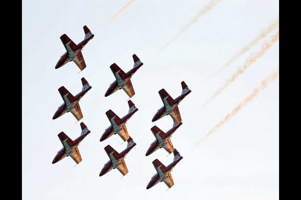 After going up, up and away, the nine-jet Snowbirds team returned to Clover Point in one of its many ear-splitting, eye-popping formations, thrilling an estimated crowd of 40,000 spectators during an aerial spectacle not to be forgotten.