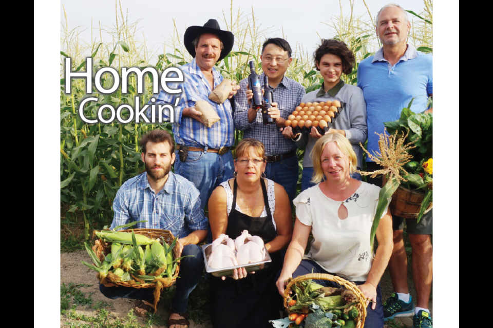 (back, from left to right) Bill Zylmans of W A Farms; Tom Yuan, director of Canada Berries Enterprises Ltd.; Holly Easterbrook and Steve Easterbrook, of Rabbit River Farms; (front, from left to right) Will Dunn, vice-president of the Richmond Food Security Society, Kelly May, owner of the Fowl Farmer; Anita Georgy, executive director of the Richmond Food Security Society. The RFSS hosted a local food eating challenge in August, 2015.