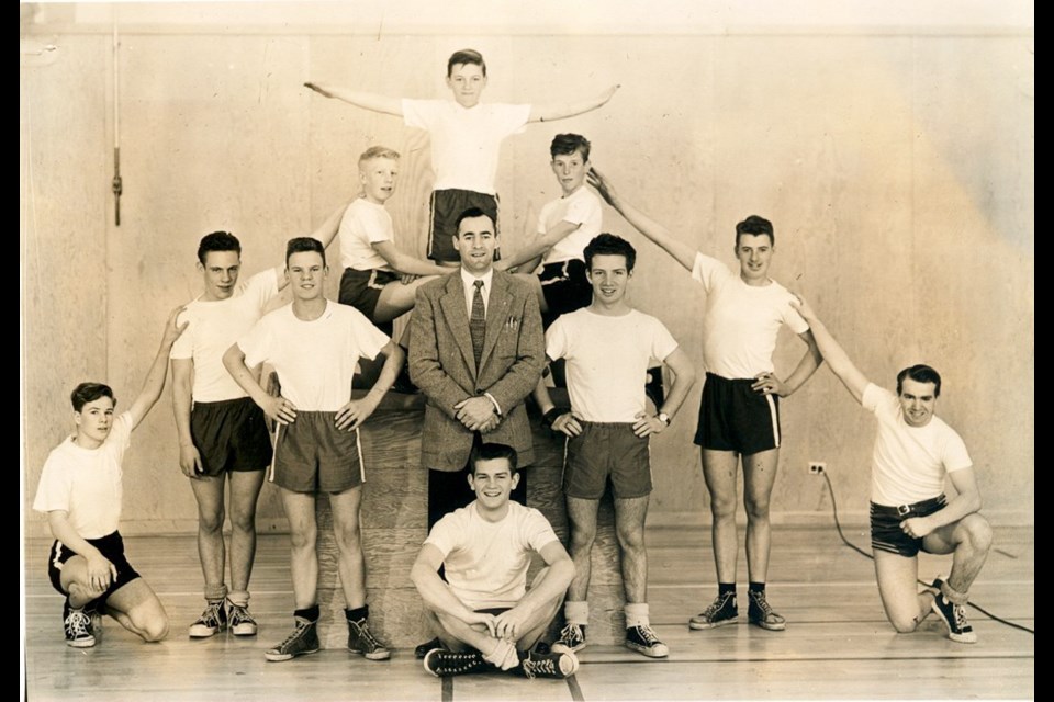 The 1956 Belmont High School tumbling team. Frank Gower, the tumbling coach, is in his 90s now and attended the Farewell to Belmont celebration day in May.