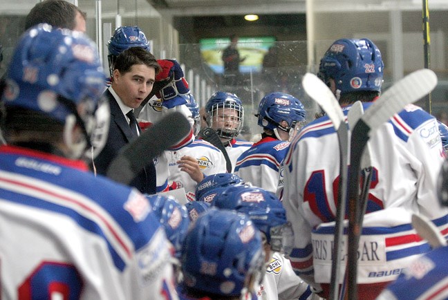 New associate coach Adam Maglio, motivates his team during a timeout on Friday as the Merritt Centennials were in town to play the Prince George Spruce Kings in an exhibition game at the Coliseum.