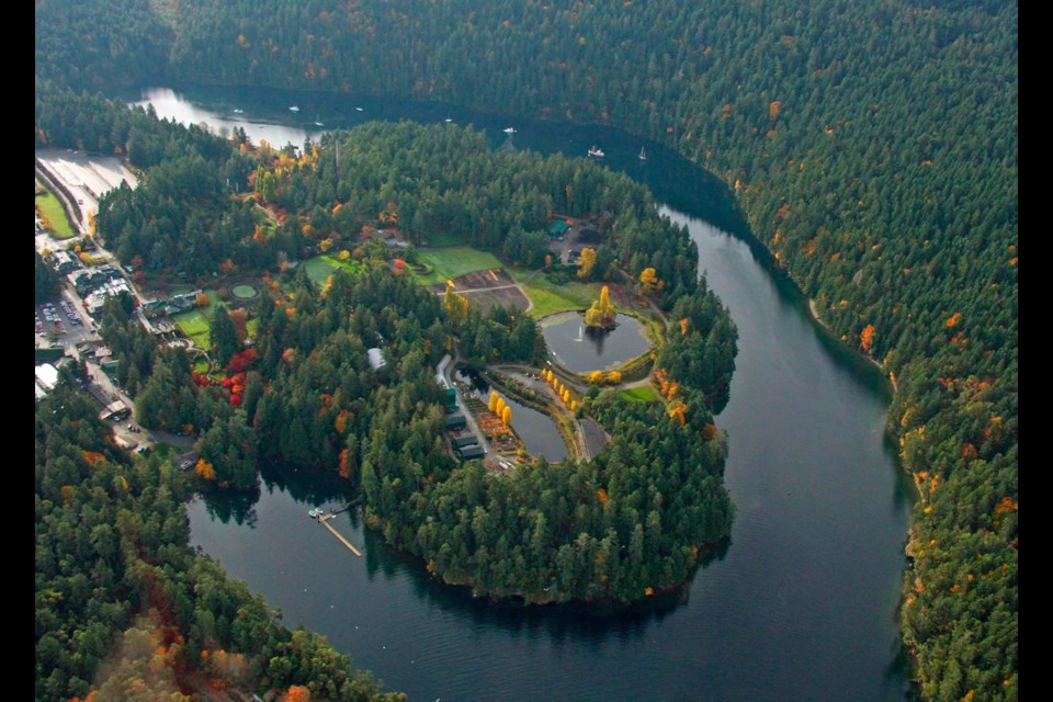 Tod Inlet curves around Butchart Gardens. Butchart&Otilde;s Cove is at lower left.