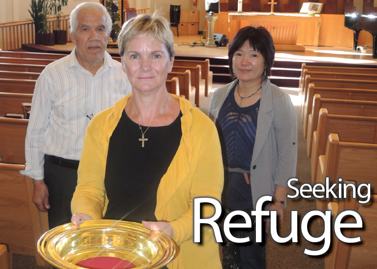Gilmore Park United Church reverends, Maggie Watts-Hammond, front, and Yoko Kihara, right, met for the first time on Wednesday with Richmond-based BC Muslim Association’s vice president of social services Shawkat Hasan. The three discussed what their congregations are doing independently to help with the refugee crisis in Syria and what they could do together. Photograph By Alan Campbell/Richmond News
