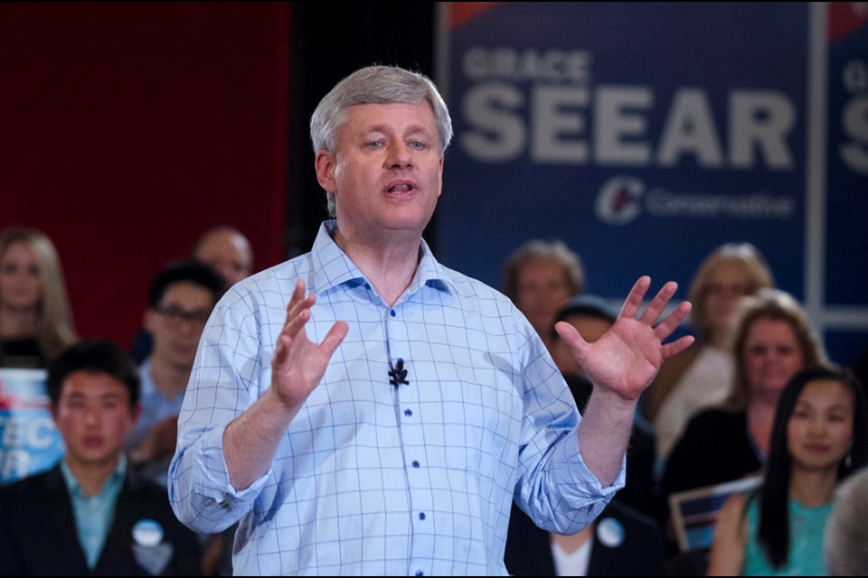 Stephen Harper speaks to roughly 300 supporters in Burnaby on Monday.