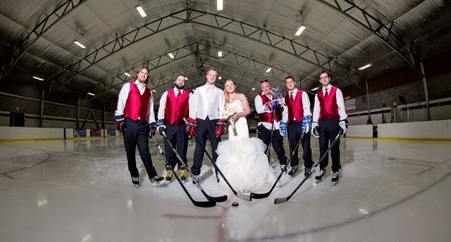 Hockey nuts Claire Bouwers and Zack Bath had their official wedding photos taken on the ice at Minoru Arenas on Saturday. The newlyweds have played hockey all their lives and play in the same co-ed team.