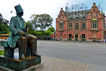 A bronze cast of writer Hans Christian Anderson looks out over his name-sake boulevard and Tivoli Gardens.