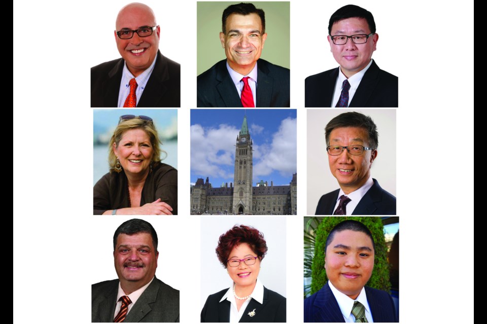Richmond's 2015 federal election candidates, from top left, (and in no order of bias or preference) clockwise: Jack Trovato (NDP), Joe Peschisolido (Liberal), Keny Chiu (Conservative), Lawrence Woo (Liberal), Vincent Chiu (Green), MP Alice Wong (Conservative), Scott Stewart (NDP) and Laura Leah-Shaw (Green). Sept. 2015.
