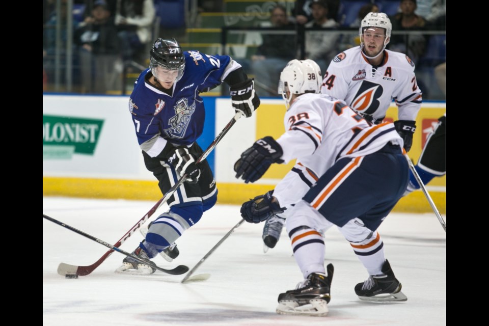 Victoria Royals Jared Dmytriw moves the puck up-ice during Saturday's game against the Kamloops Blazers at Save-on-Foods Memorial Centre.