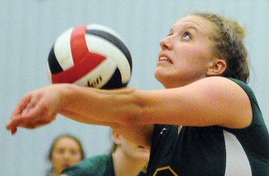 Sierra Terjesen of the Argyle Pipers senior volleyball team makes a pass in a 3-0 win over the West Vancouver Highlanders Tuesday at Handsworth secondary. Terjesen is one of four players left from the Argyle team that won the first volleyball provincial title in school history.