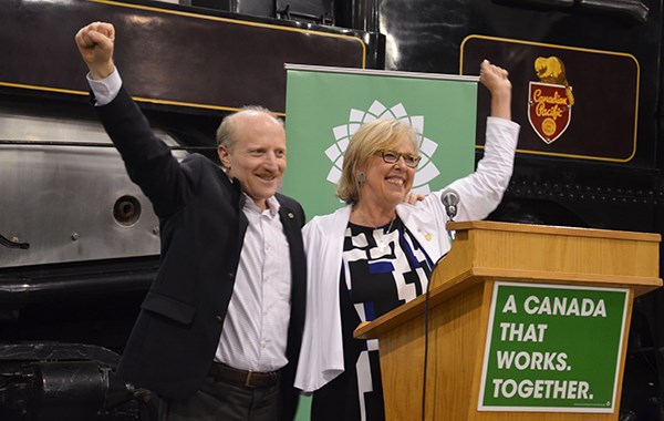 Green Party local candidate Ken Melamed and Leader Elizabeth May at a rally at the railway heritage park in Squamish on Saturday evening.