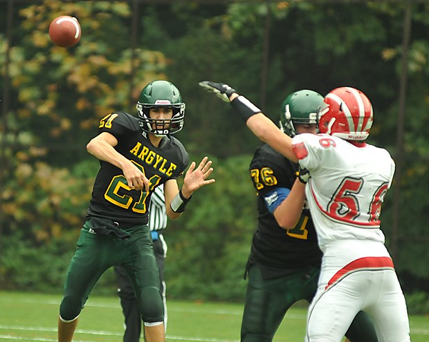 Argyle quarterback Cole Theobald fires a pass during an exhibition matchup against John Barsby Friday at William Griffin field.