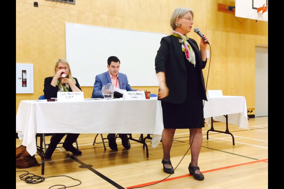 From left: NDP's Carol Baird Ellan, Liberal Terry Beech and Green Lynne Quarmby at a recent all-candidates meeting organized by the Heights Neighbourhood Association.