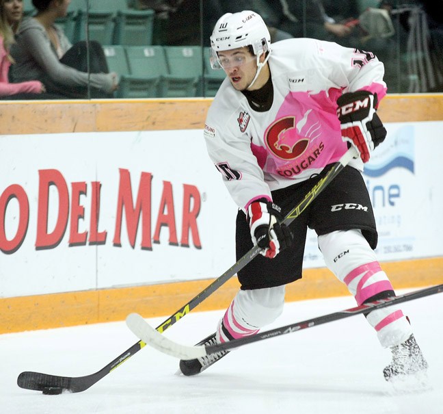 Tyler Mrkonjic puts a shot on net as the Prince George Cougars took on the Kelowna Rockets on Saturday at CN Centre in the second game of a weekend doubleheader against the reigning WHL champs.