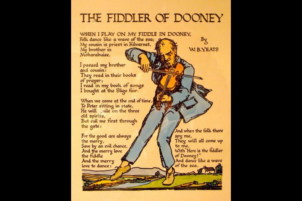 The Fiddler of Dooney, coloured woodcut print, design by Jack B. Yeats, poem by W.B. Yeats, c. 1910.