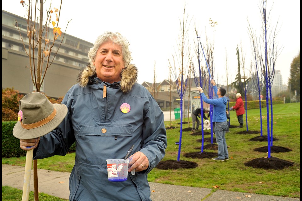 Konstantin Dimopoulos visited New Westminster last week to help set up the new Blue Trees installation that’s part of the Vancouver Biennale.