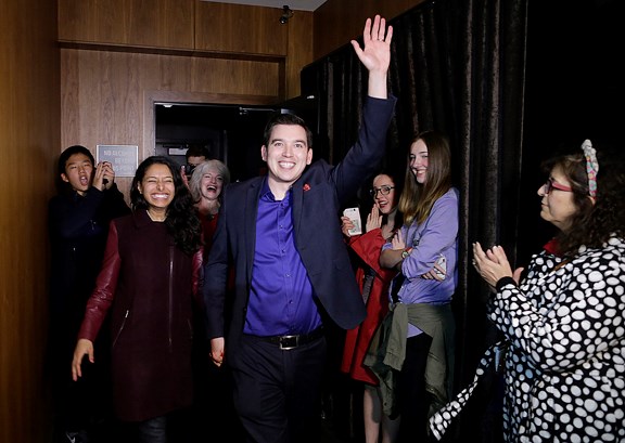 Liberal Terry Beech shortly before his victory speech at Joey's in Burnaby on Monday night, as he took the riding of Burnaby North-Seymour.