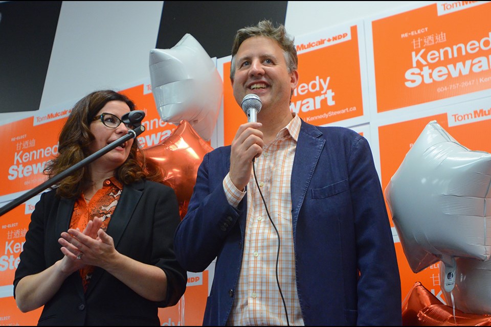 NDP incumbent Kennedy Stewart is all smiles after squeaking out a narrow victory in Burnaby South over Liberal Adam Pankratz.