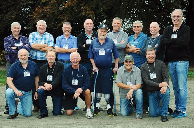 The North Van all-stars reunite Sunday at Mahon Park, 50 years after a trip to the Babe Ruth World Series. Reporter Len Corben (top row left), who followed the team all the way to Indiana, and Mike Burdett (top row right), manager Fen Burdett’s son, joined the fun with these players: (standing) Bob Ewing, Rick Mark, Bruce Cook, Graham Chapman, Dave Pearce, Grant Sebastian, Dick Burns and (kneeling) Buzz Zuehlke, Craig Wightman, Dave “Nick” Messmer, Billy Halls, Norm Kennedy.