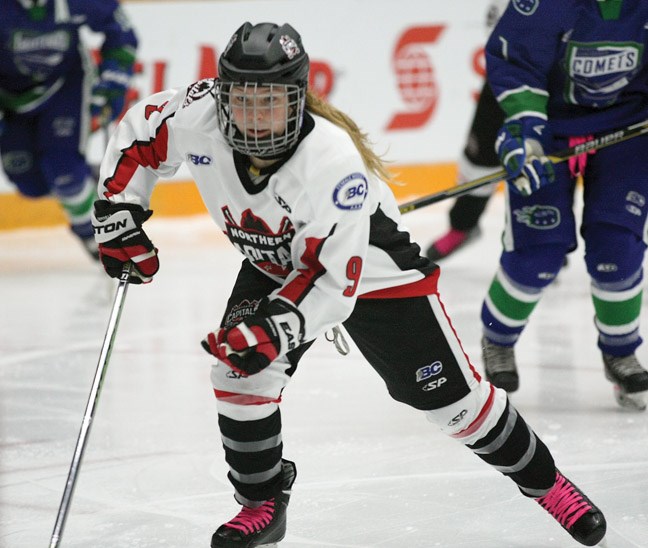 Caily Mellott skates in hard on the forecheck as the Northern Capitals took on the Greater Vancouver Comets in Female Midget AAA action on Sunday at CN Centre.