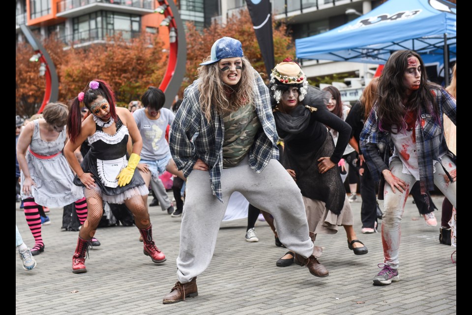 Theresa “Tree” Walsh taught the Vancouver zombies the “Thriller” dance during five free rehearsals leading up to Saturday’s Thrill the World Vancouver at Olympic Village. Photograph by: Rebecca Blissett