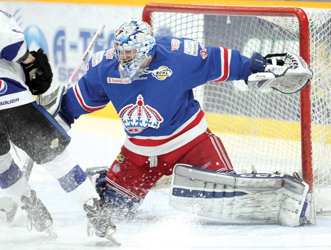Sam Tanguay goes across the crease to make the save as the Prince George Spruce Kings took on the Wenatchee Wild on Thursday at the Coliseum.