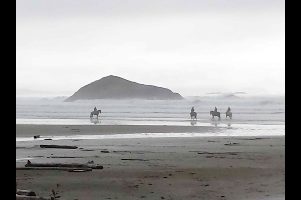 Actors on horseback during filming of a Planet of the Apes sequel, reportedly called War for the Planet of the Apes, on a beach near Ucluelet.