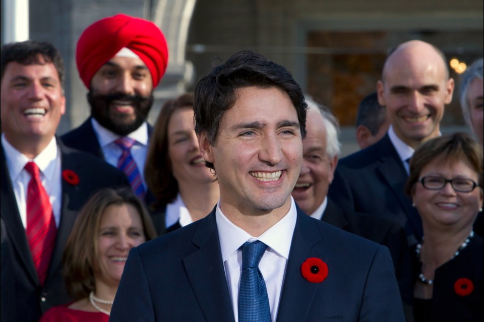 Prime Minister Justin Trudeau holds a news conference with his cabinet after they were sworn in at Rideau Hall in Ottawa on Nov. 4. Trudeau won the federal election with a majority, but on Vancouver Island voters chose to send one Green and six NDP MPs to Ottawa.