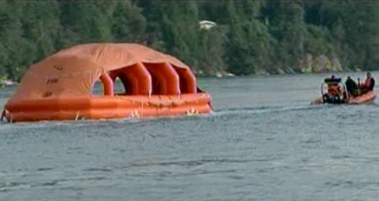A life raft from Coastal Celebration is under tow near Galiano Island after it was illicitly deployed by a passenger who then jumped into the ocean. Nov. 5, 2015