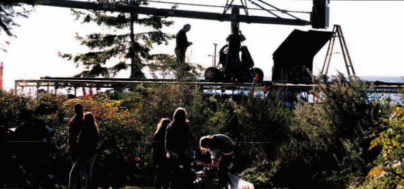 A camera rig hangs out over a dock to capture aerial footage for the pilot of a new series, Shooter.