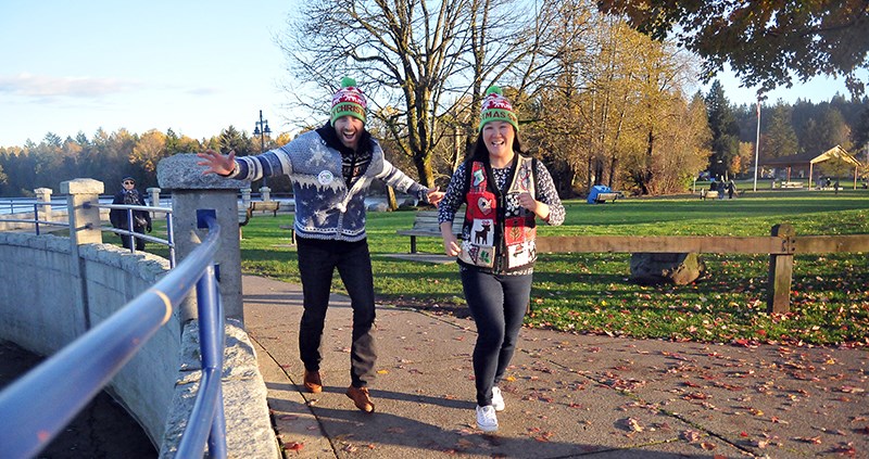 Jordan Birch and Grace Choi of the Now That’s Ugly Society at Rocky Point Park in Port Moody, where the third annual Ugly Sweater Christmas Dash will be held Dec. 5 at 11 a.m. Proceeds support the Children's Wish Foundation and, specifically, a wish for Hannah Kolby, a three-year-old girl from Pitt Meadows.