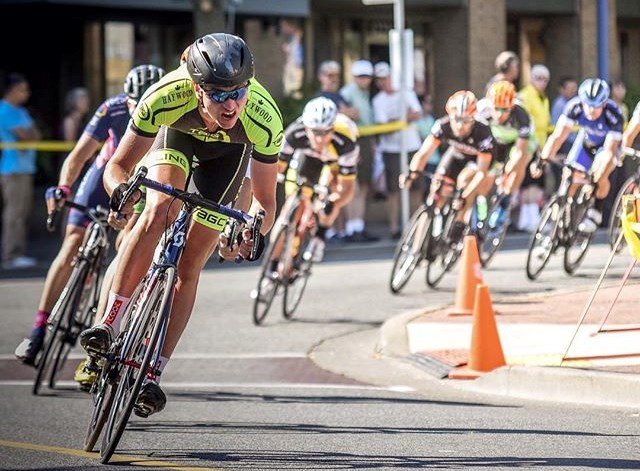 Throwback to BC Superweek, Max Duso racing for TAG Cycling powers out of the corner during Tour de W