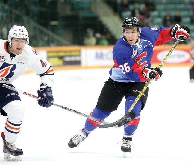 Kody McDonald keeps his eyes on the puck as the Kamloops Blazers were in town to take on the Prince George Cougars during Northern Fancon Night on Saturday at CN Centre.