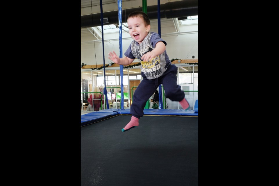 Harrison Pike gets air during a drop-in session at Vancouver Circus School at River Market. The school offers a host of classes that could serve as Christmas gifts.