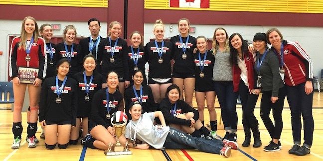 Richmond Christian Eagles celebrate their silver medal finish at last week's B.C. "A" Girls Volleyball Championships.