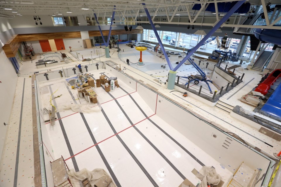 A pool designed for lengths-swimmers, foreground, joins a wave pool, top right, a hot tub and kids' pool in the Westhills YM-YWCA's aquatic area.