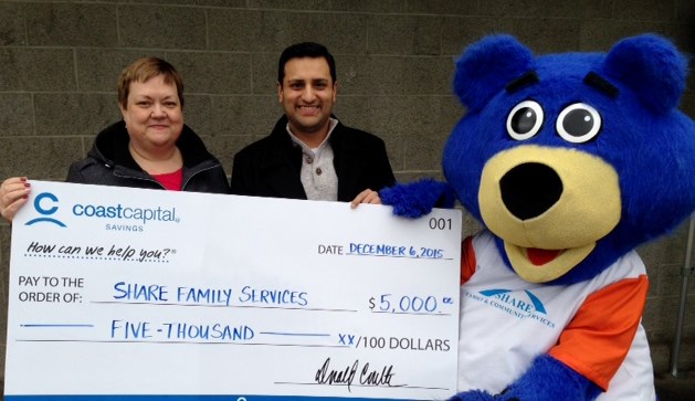 Share bear at the Coast Capital cheque presentation.