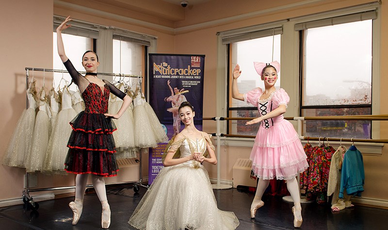 Left to right, Port Moody’s Cierra Munro along with Kyra Soo and Michelle Khoo — both from Port Coquitlam — prepare for their roles as Spanish, Tall Angel and Columbine, respectively, in Goh Ballet’s The Nutcracker. The production, which runs from Dec. 17 to 22 at The Centre in Vancouver, includes more than 200 local and international performers.