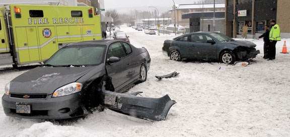 A two car collision at 6th Avenue and Brunswick Street Tuesday afternoon with injuries. The front bumper of one car is stuck in the front wheel of the other car involved in the mishap.
Citizen photo by Brent Braaten