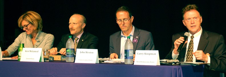 An all-candidates meeting held prior to the Oct. 19 election was attended by the riding’s four main-party candidates: Liberal candidate Pam Goldsmith-Jones, Green Party candidate Ken Melamed, incumbent Conservative candidate John Weston, and NDP candidate Larry Koopman.