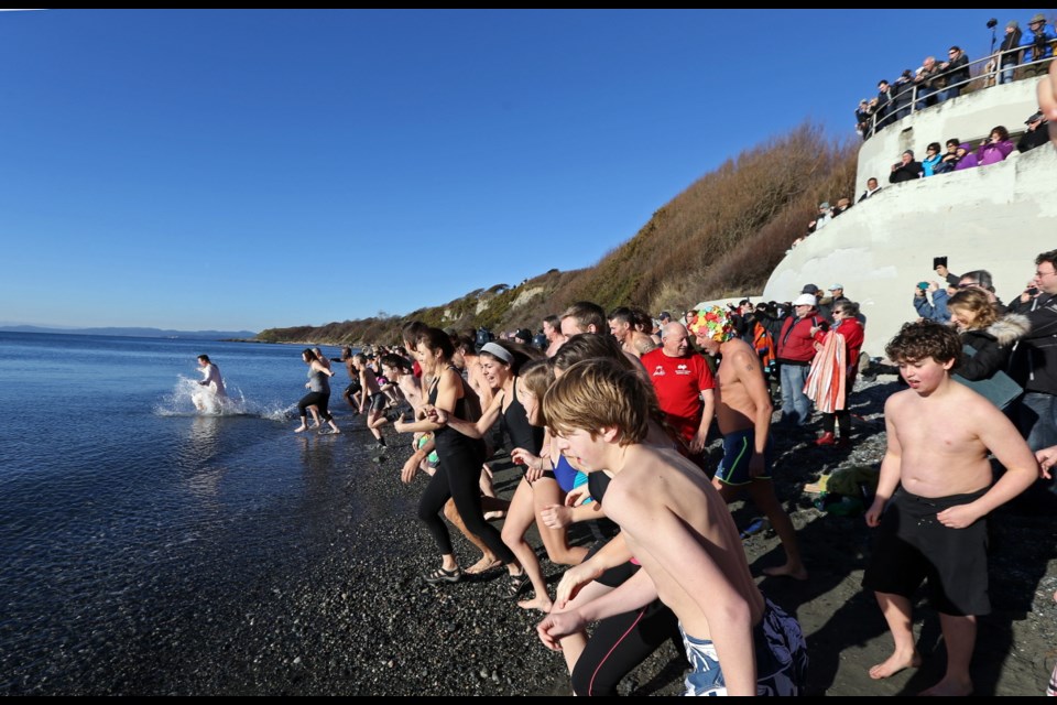 About 100 people gathered for a polar bear swim at the beach near Dallas Road and Cook Street on Friday, Jan. 1, 2016.