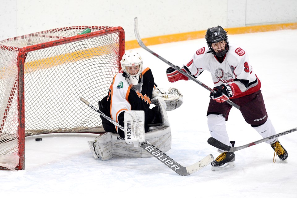 It's a goal! The Burnaby Bulldogs' Daniel Juca turns to celebrate with his teammates after they put one past Shawnigan Lake netminder Campbell Arnold in opening round bantam elite action at the Pat Quinn Classic bantam hockey tournament.