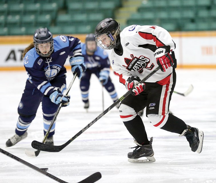 Northern Capitals Mckenzie Muir looks for an open shot on Sunday at CN Centre. The Thompson Okanagan Lakers were in town to take on the Capitals in regular season BC Female Midget AAA League hockey action. Citizen Photo by James Doyle January 10, 2016