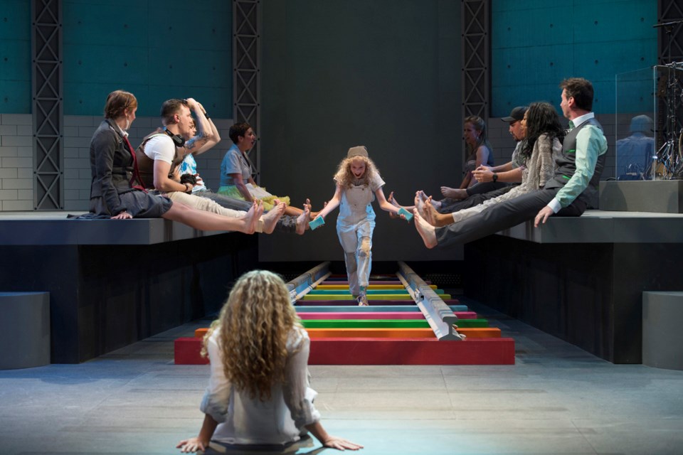 Burnaby's Aubrey Joy Maddock (in centre), surrounded by the cast of the Arts Club Theatre's Godspell. Aubrey is nominated for Outstanding Performance - Youth in this year's Ovation Awards.