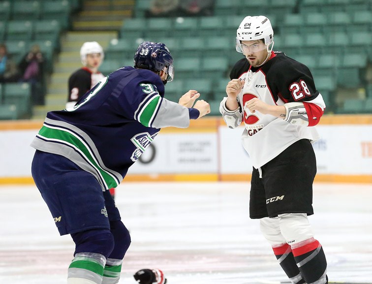 Prince George Cougars Josh Anderson squares off against Seattle Thunderbirds Jared Hauf on Wednesday at CN Centre. The Thunderbirds were in town to take on the Cougars in the second game of a midweek doubleheader. Citizen Photo by James Doyle January 13, 2016