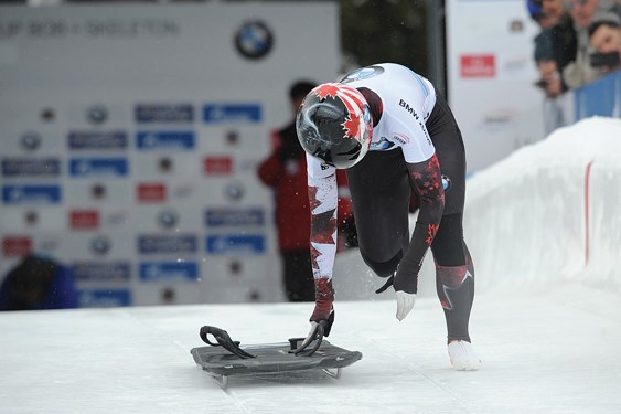 North Vancouver’s Jane Channell blasts off on her way to a silver medal in a World Cup skeleton race Saturday in Park City, Utah. The silver showing gave Channell her second-ever World Cup medal and set her up for a potential breakthrough performance this weekend when the World Cup circuit comes to Whistler.