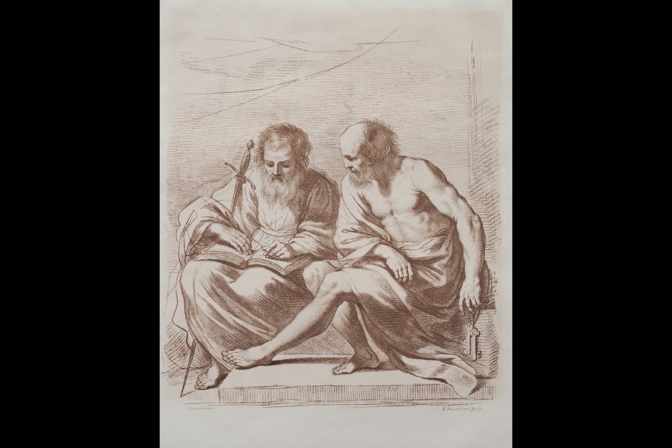 Saints Peter and Paul, c. 1780, is a crayon manner engraving on paper by Bartolozzi. It was a gift of Harold and Linda Kalman to the City of Burnaby's permanent art collection, and it's part of a new exhibition at Burnaby Art Gallery.