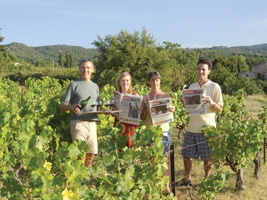 Alastair Moore, Dominica Babicki, Nora Gambioli and Franz Lefort visit a vineyard near Bonnieux, France.