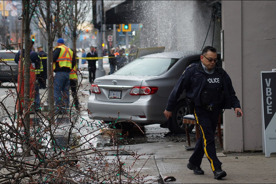 A car crashed into a restaurant on No. 3 Road, Jan.20, 2016.