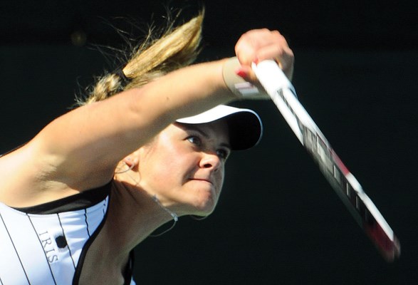 CANADA'S Aleksandra Wozniak blasts a serve in her 6-3, 6-1 win over Jamie Hampton of the United States in the final of the $200,000 Odlum Brown VanOpen played in August at West Vancouver's Hollyburn Country Club.