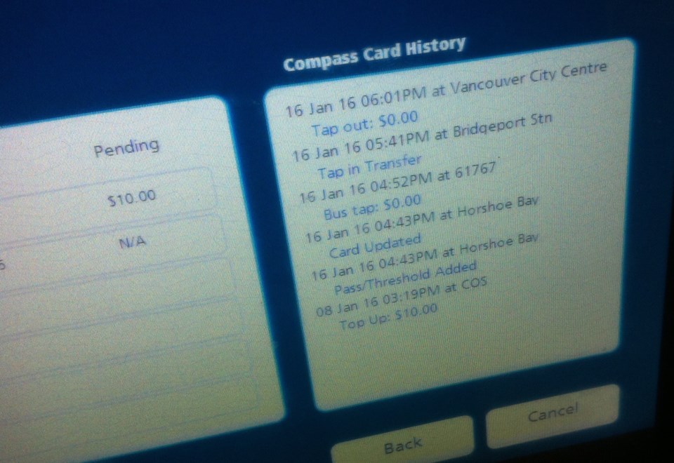 Compass vending machine screen shows card's travel history