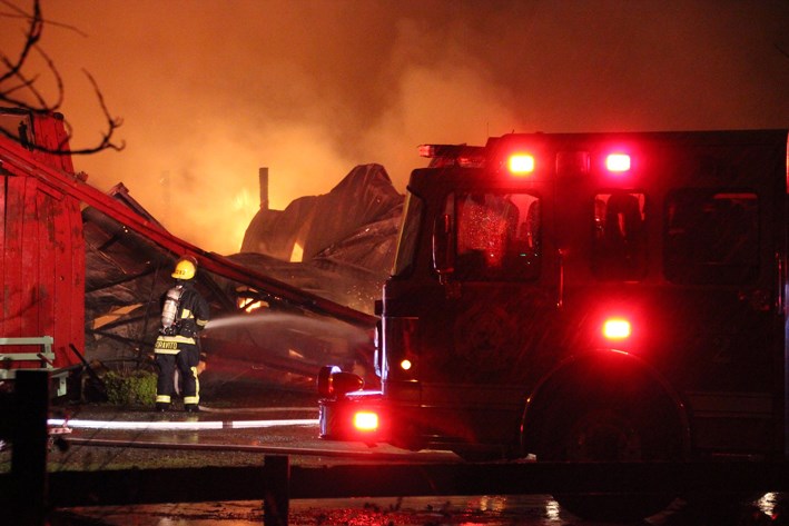 Fire broke out overnight at Loranda Stables and Kitty Cottage on 28th Avenue in Ladner. Fire crews arrived at around midnight to find the large barn fully engulfed. All of the dozen or so horses and numerous cats were safely rescued. No word yet on a cause. One person was seen being given oxygen and assessed by paramedics but was not taken to hospital.